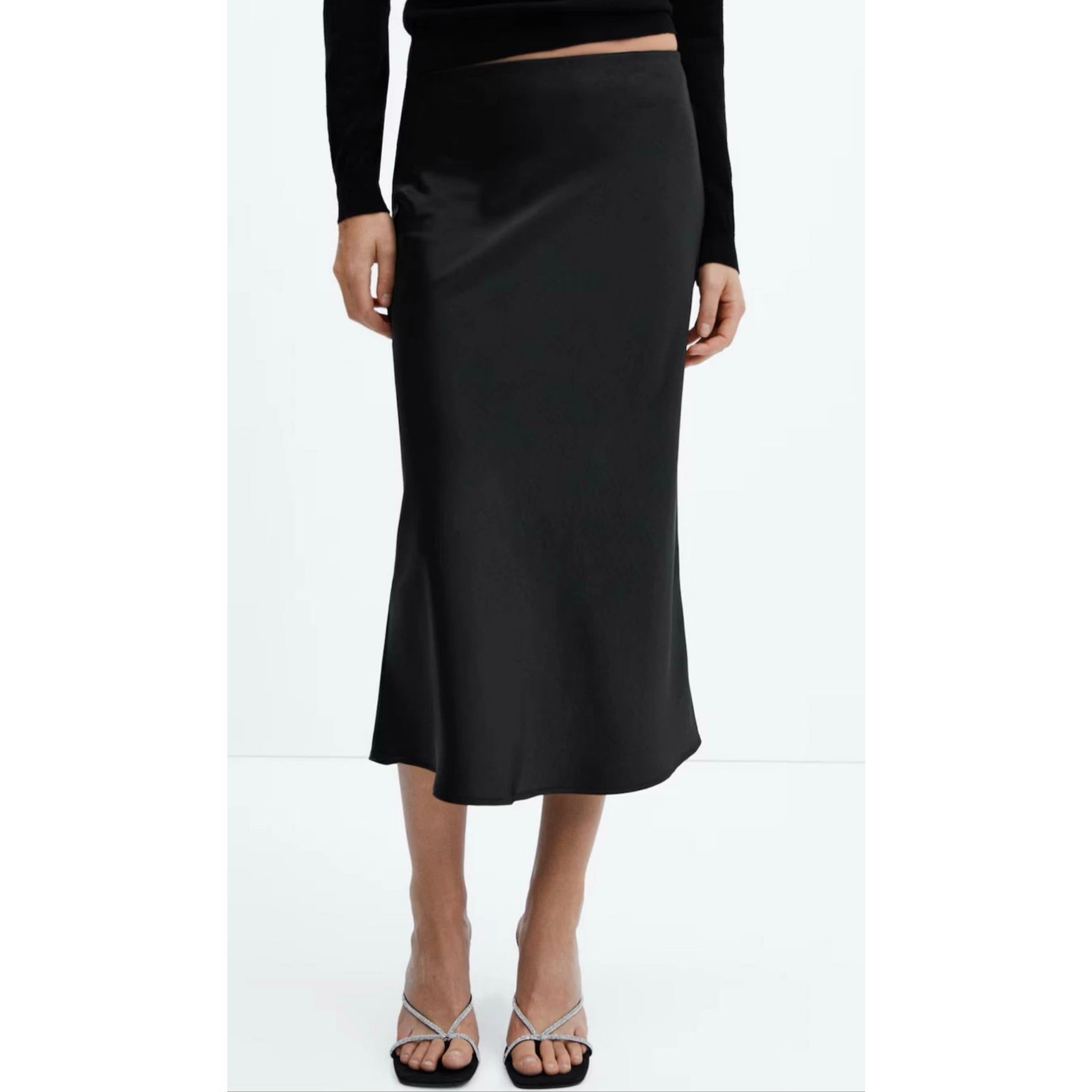 Mango $80 Satin Midi Skirt Black Slip Skirt Elastic Waist Fluid M New